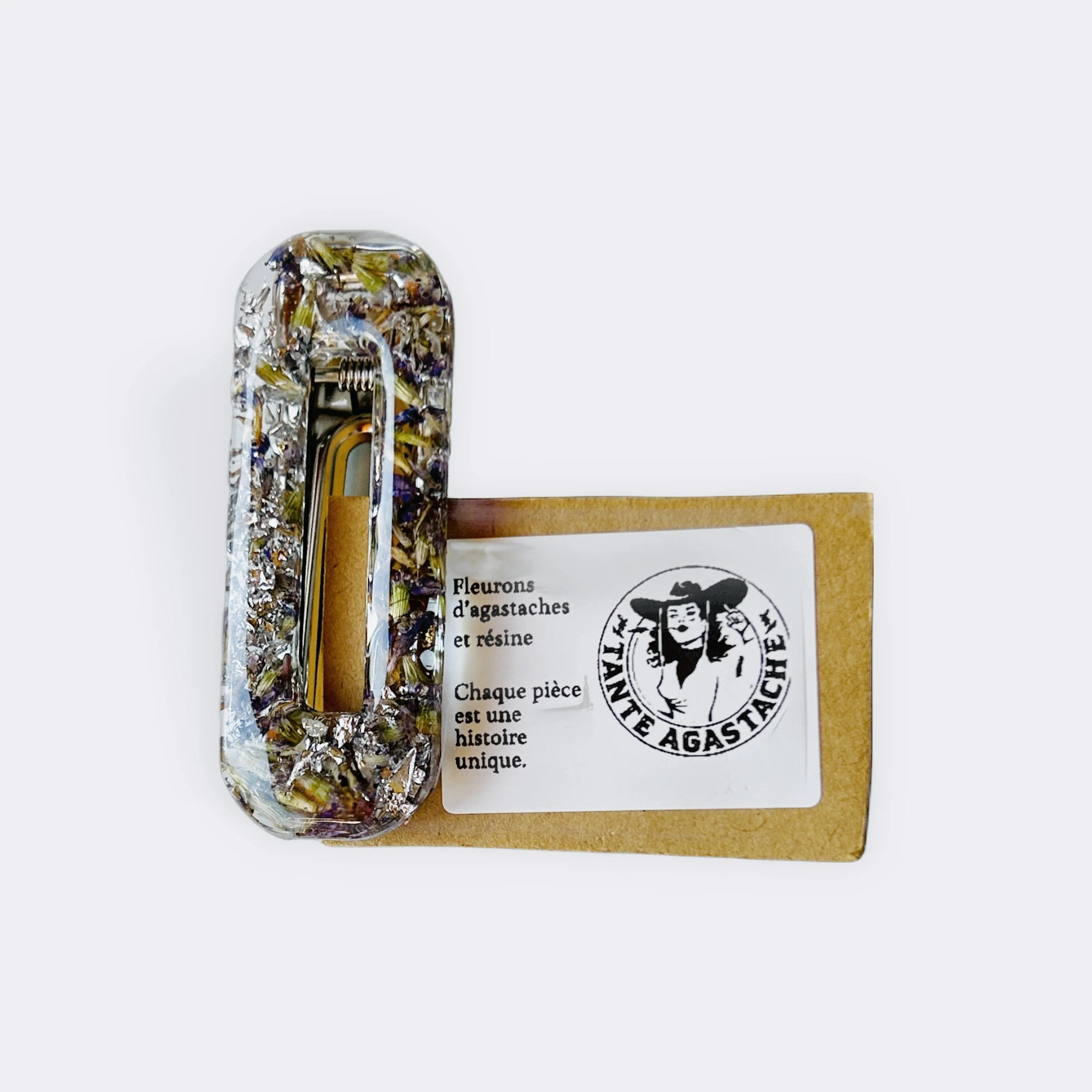 Pince à cheveux fleurs séchées agastache et feuille d'argent